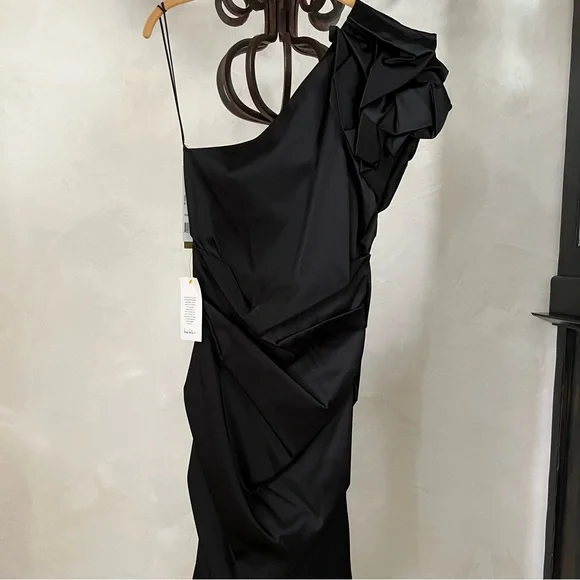 Nicole Miller One Shoulder Elegant Black Sheath Midi Cocktail Evening Dress NWT - Picture 5 of 13